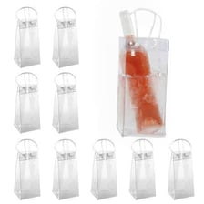 A bag of ice beside chilled party drinks