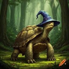 A cartoon tortoise wearing a wig