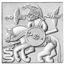 Artwork depicting Odin with his two ravens