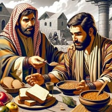 An artwork depicting Jacob offering Esau bread and stew.