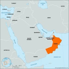 A map showing Oman on the southeastern Arabian Peninsula