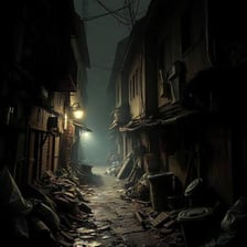 A grimy, rundown alley conveying an unsavory atmosphere.