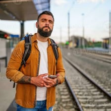 A person waiting at a train station, illustrating “still” or “yet.”