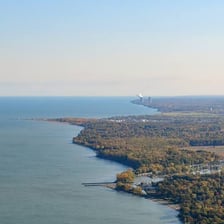 An aerial view of Lake Erie and its shoreline.