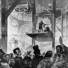 A historical illustration or photograph depicting Elisha Otis and an early elevator safety demonstration.