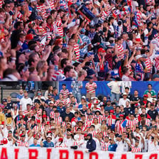 A packed stadium crowd cheering during a sporting event.