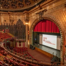 A Broadway theater stage prepared for the opening act