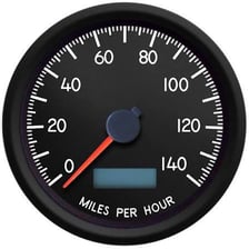 A vehicle speedometer displaying miles per hour