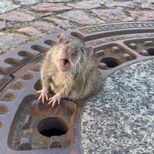 A rat moving through a sewer tunnel