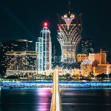 Macau’s illuminated casino skyline at night