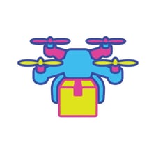 A drone carrying a package through the air.