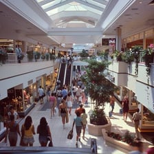 Shoppers walking through an indoor mall lined with stores.