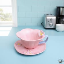 Delicate pastel decor and an ornate teacup illustrating a twee aesthetic.