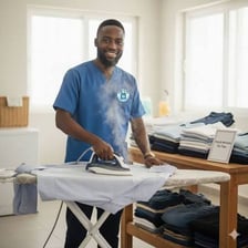 A person pressing wrinkles from a shirt with an iron