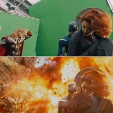 A comparison showing a film scene before and after computer-generated visual effects
