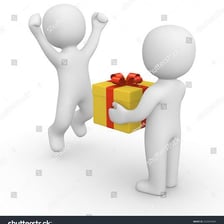 One person extending a gift or item to another person.