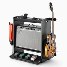 Amplifiers and speakers arranged on a concert stage