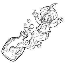 A genie emerging from a decorative bottle.