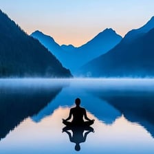 A relaxed person sitting beside a still, peaceful lake.