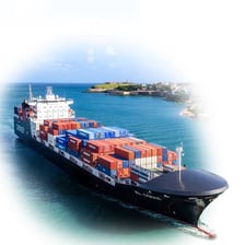 A cargo ship traveling across the ocean