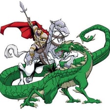 A storybook knight defeating a dragon.