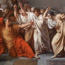 An artistic depiction of Julius Caesar being attacked by Roman senators.