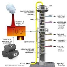 Industrial refinery towers used to process and refine crude oil.