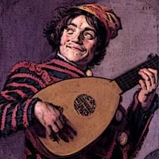 A medieval bard reciting poetry before an audience.