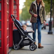 A traditional British baby pram in a garden setting.