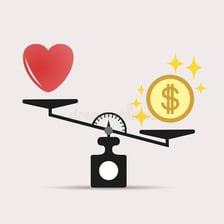 A symbolic image representing greed through money and grasping hands