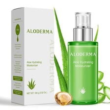 An aloe vera plant beside a bottle of skin lotion.