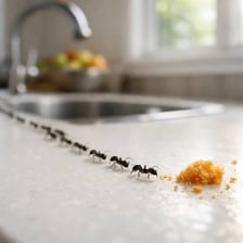 An ant walking across a kitchen counter.