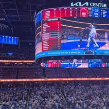 A scoreboard at Orlando’s Kia Center displaying the Orlando team.