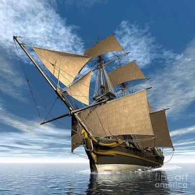 A sailing ship traveling across the open sea.