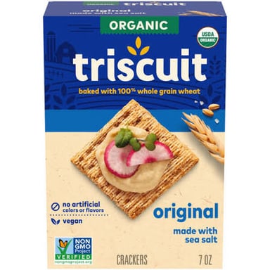 A package of Triscuit crackers beside several crackers.