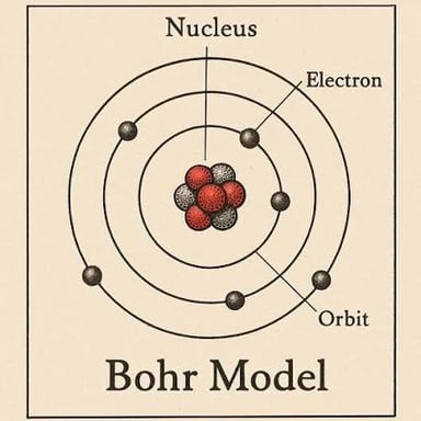 An educational atom illustration with a central nucleus surrounded by electrons.