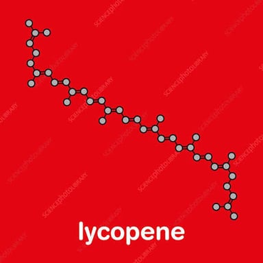 A ripe red tomato alongside an illustration of the lycopene molecule