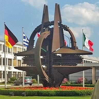 The NATO flag displayed outside the organization’s headquarters.