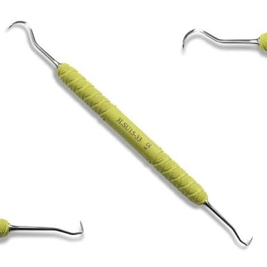 A metal dental scaler with a narrow, curved working tip.