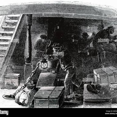 An illustration of a person concealed among cargo aboard a ship.