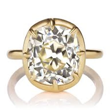A close-up of a gemstone held in a ring-shaped collet setting.