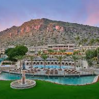 A recognizable view of Scottsdale, Arizona, showing its upscale resort or shopping district.