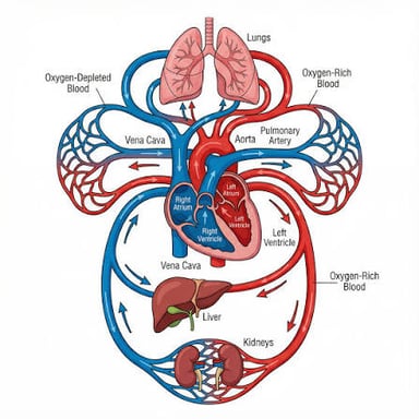 Illustration showing blood moving through the heart and blood vessels.