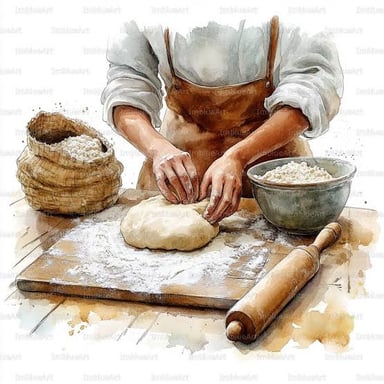 A baker rolling dough on a work surface in a bakery.