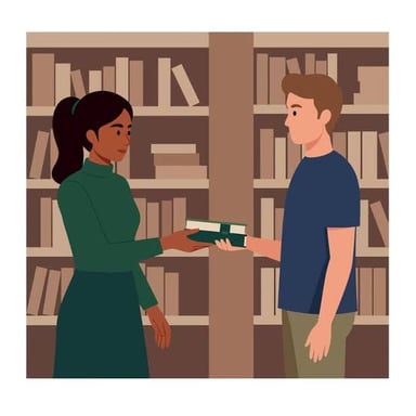 Two people hand books to each other.