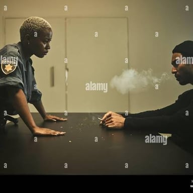 A person speaking with a police detective across a desk.