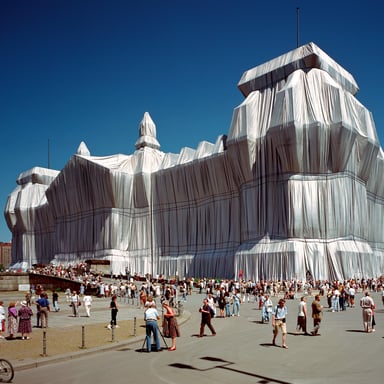 A large architectural structure covered in fabric as part of a Christo artwork.
