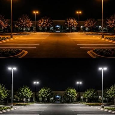 A row of illuminated lampposts lining a city sidewalk.