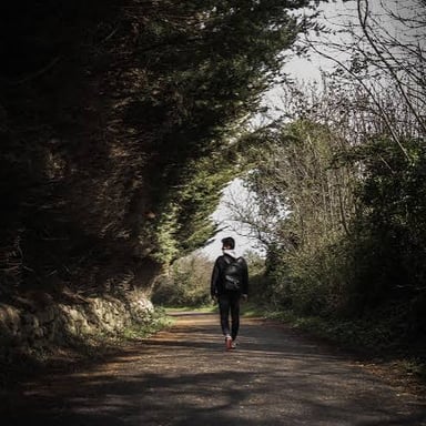 A person walking along a country path.