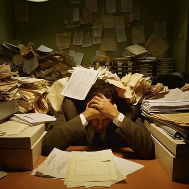 A person facing an overwhelming pile of paperwork